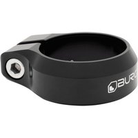 Black Burgtec seat clamp, 38.6mm, with a smooth finish and silver bolt, featuring the Burgtec logo in white.