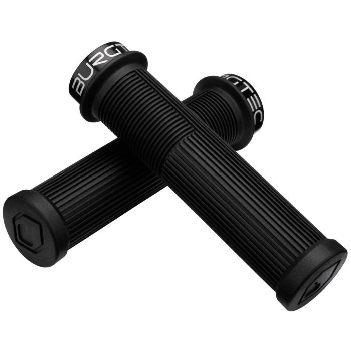 Black rubber bike grips with a ribbed texture, featuring the Burgtec logo and a signature design by Josh Bryceland, designed for enhanced comfort and grip.