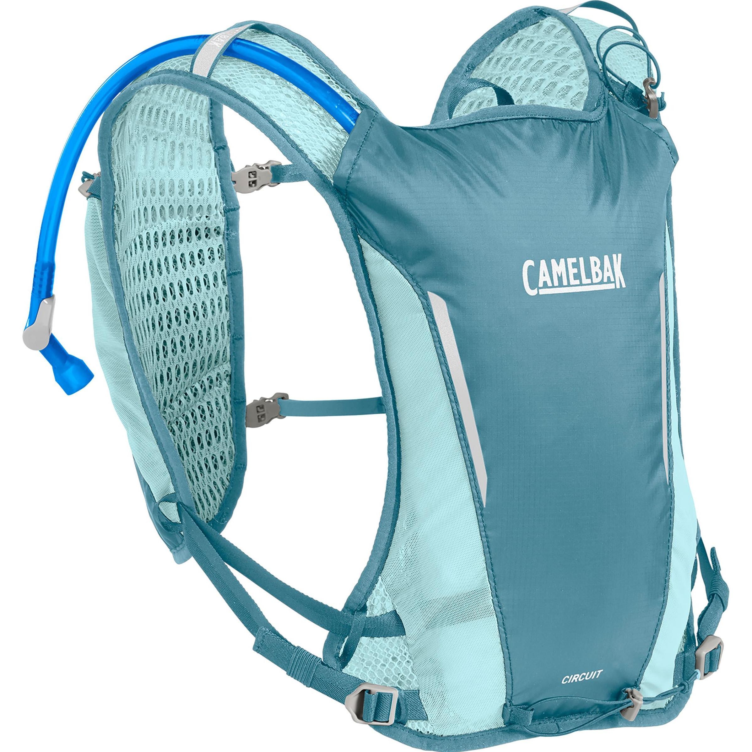 Camelbak Circuit Run Women's Vest in blue features a breathable mesh back, adjustable straps, and a 1.5L Crux reservoir with a hydration tube for easy drinking on the go.