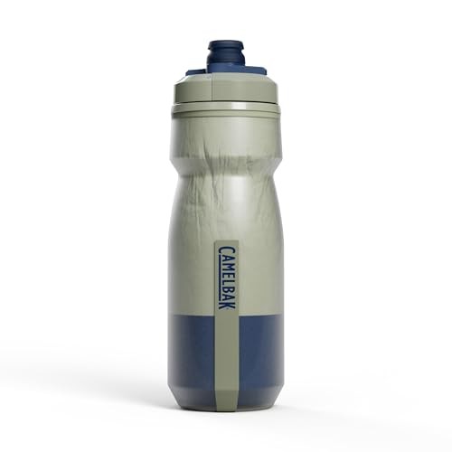 Insulated 21oz water bottle in olive green and navy blue, featuring a squeeze design, a wide mouth for easy filling, and a secure, leak-proof cap.