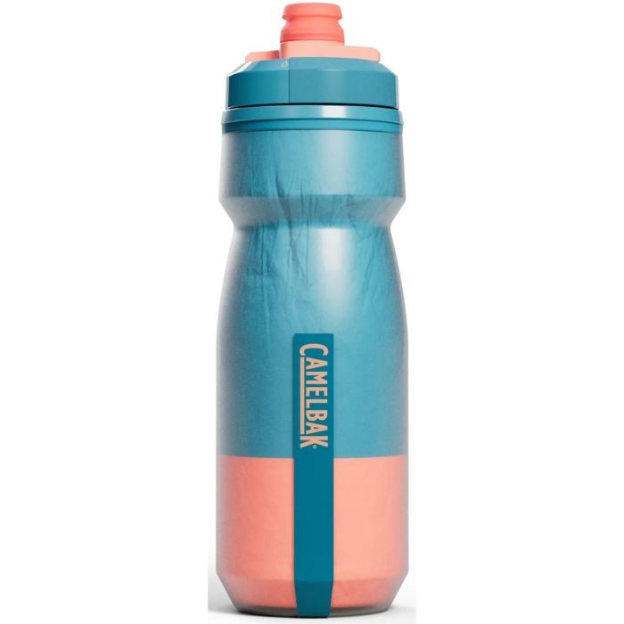 Blue and coral insulated water bottle with a squeeze design, featuring a flip-top cap and a CamelBak logo on the side, ideal for keeping beverages cold.