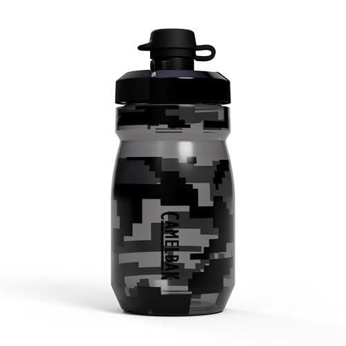 Black and gray patterned Camelbak Podium Dirt Series 444ml bike bottle featuring a secure, easy-to-use cap and a durable, squeezable body for hydration on the go.