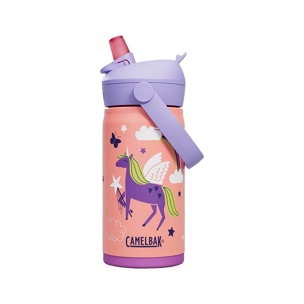 Insulated stainless steel bottle in pink with a purple lid, featuring a unicorn design, flip straw, and a carry handle, ideal for kids.