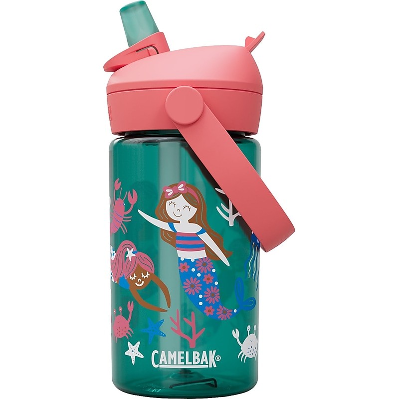 Turquoise 14oz CamelBak Eddy+ water bottle with a coral pink lid, featuring colorful mermaid and sea creature designs, and a flip-top straw for easy sipping.