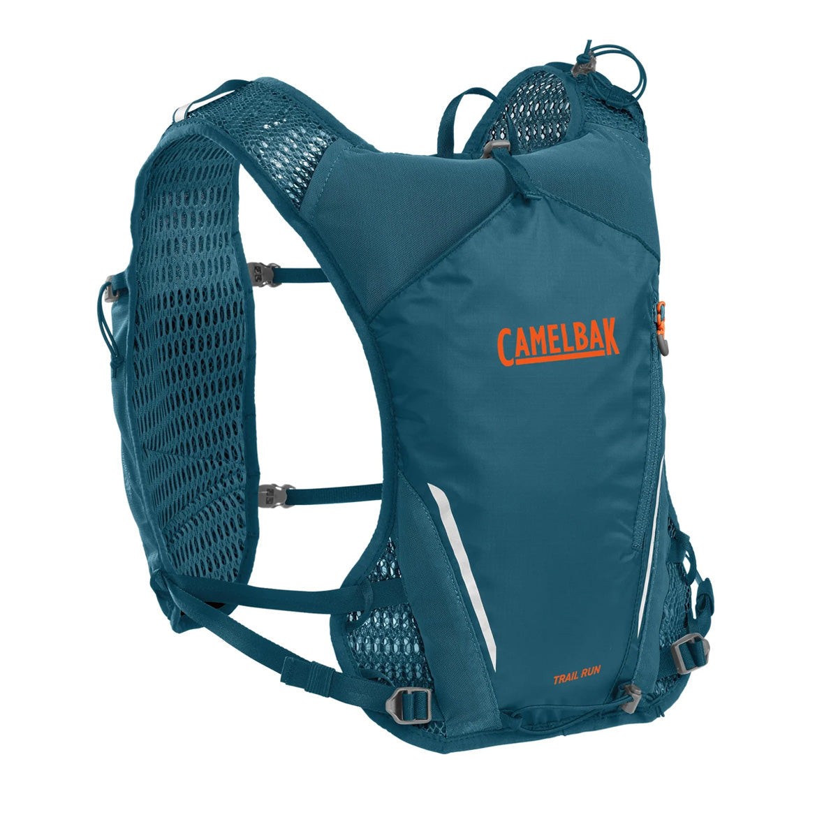 Camelbak Trail Run™ Vest in Corsair Teal features a lightweight design with mesh back, adjustable straps, and includes two 500ml Quick Stow™ flasks for hydration on the go.