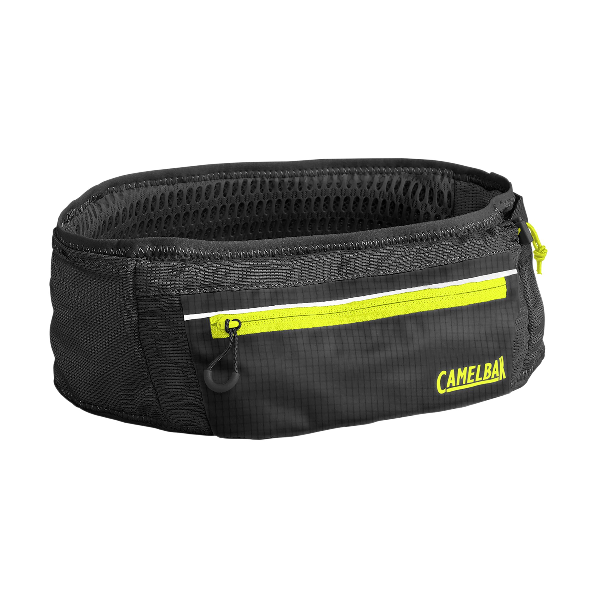 Black Camelbak Ultra Belt with a 17oz capacity, featuring a breathable mesh design, reflective zipper pocket, and neon yellow accents for visibility.