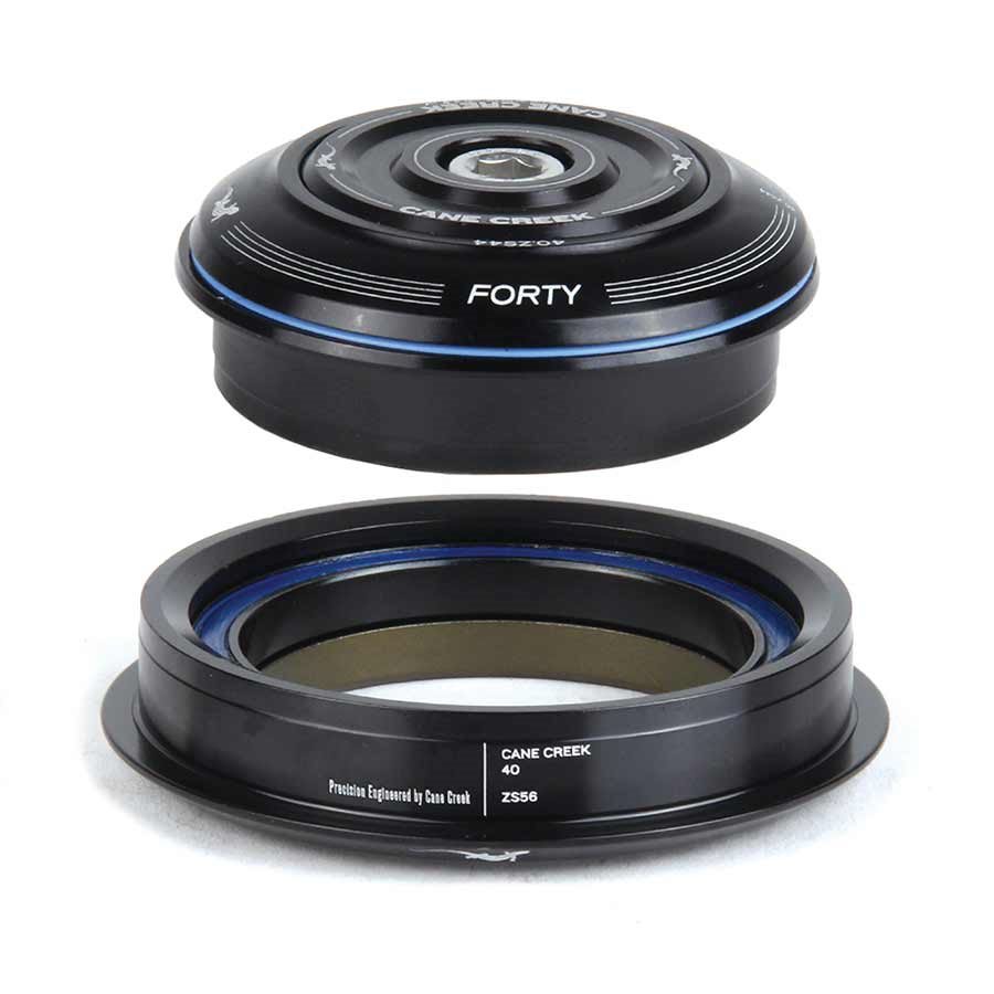 Cane Creek 40 Zero Stack Headset featuring a sleek black aluminum design with blue accents, includes two components: the top cap and base, labeled with "CANE CREEK" and model details.