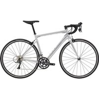 Silver Cannondale CAAD Optimo 4 road bike with black handlebars, thin tires, and sleek aluminum frame.