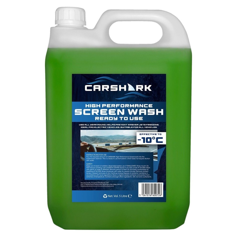 Green plastic container with a handle, labeled "CARSHARK High Performance Screenwash 5 Litre," featuring a blue and white design, effective down to -10°C.