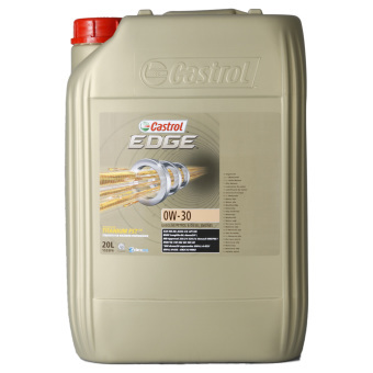 20-liter beige plastic container of Castrol EDGE 0W-30 synthetic engine oil, featuring a red screw cap and a label with metallic graphics and product details.