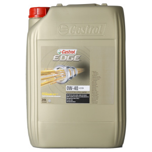 20-liter beige plastic container of Castrol EDGE 0W-40 part synthetic engine oil, featuring a red cap and a label with product details and branding.