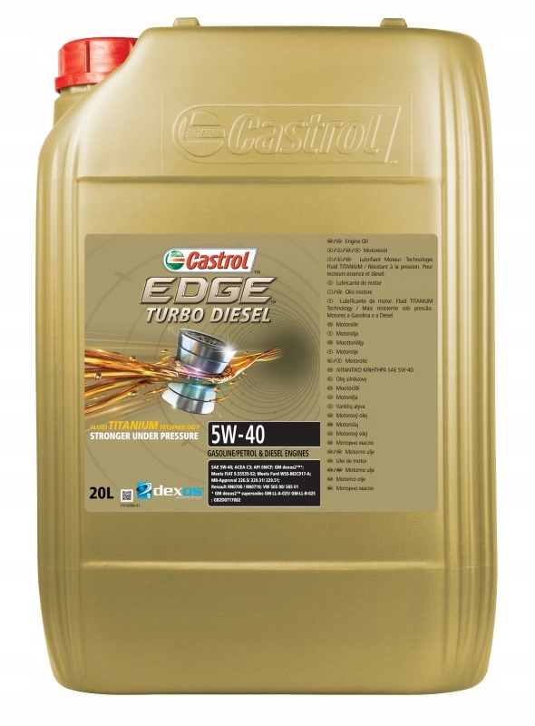 Gold plastic container of Castrol EDGE 5W-40 engine oil, featuring a red cap, with a label detailing its 20L capacity and "Stronger Under Pressure" slogan.