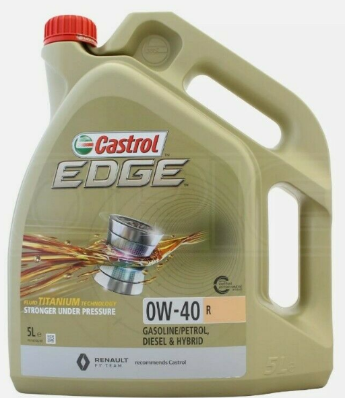 Green plastic container of Castrol EDGE engine oil, 5 liters, featuring a red cap, labeled 0W-40 R, with a metallic graphic and text indicating suitability for gasoline, diesel, and hybrid engines.