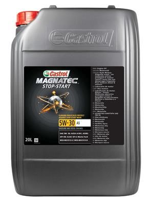 Gray plastic container of Castrol Magnatec Stop-Start engine oil, 20 liters capacity, labeled with 5W-30 A5 specifications and features a red cap.