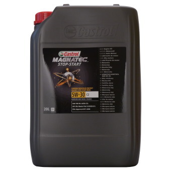 Castrol Engine Oil 5W-30 in a 20-liter dark gray plastic container with a red cap, featuring a label detailing specifications and benefits.