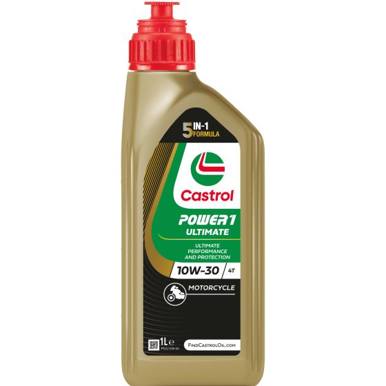 Green and red plastic bottle of Castrol POWER1 ULTIMATE 4T engine oil, 1 liter capacity, featuring a bold label with 10W-30 viscosity and motorcycle icon.