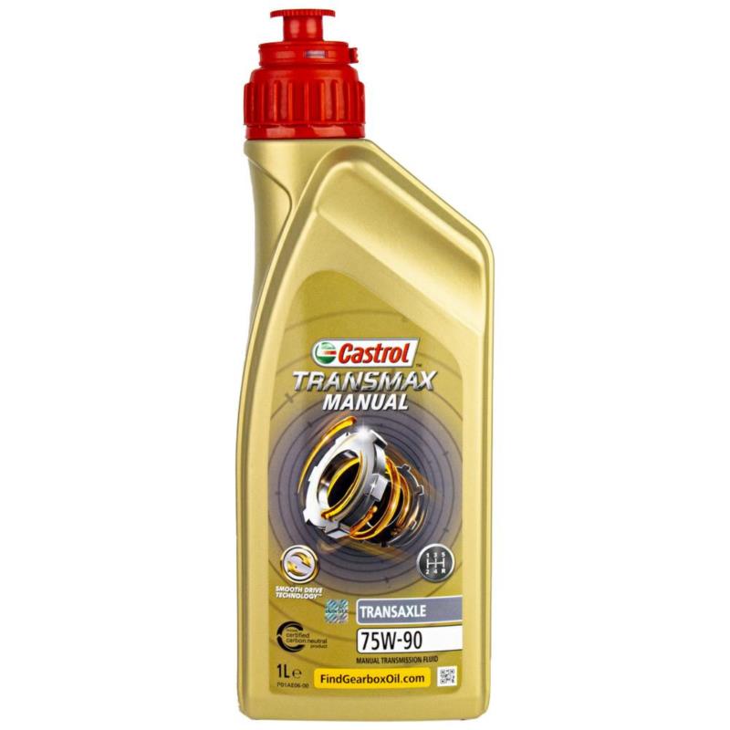 Gold plastic bottle of Castrol Transmax Manual Transmission Oil, 1L capacity, featuring a red cap, clear label with 75W-90 and synthetic oil details, and a graphic of gears.