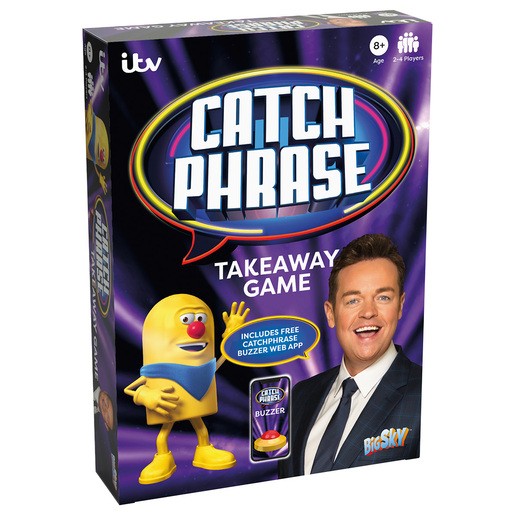 Colorful game box featuring the title "Catchphrase Takeaway Game," a cartoon character, and a man in a suit, with a buzzer and web app included, suitable for ages 8 and up.