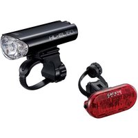 Black Cateye EL-160 front light and red Omni 5 rear light set with mounting brackets.
