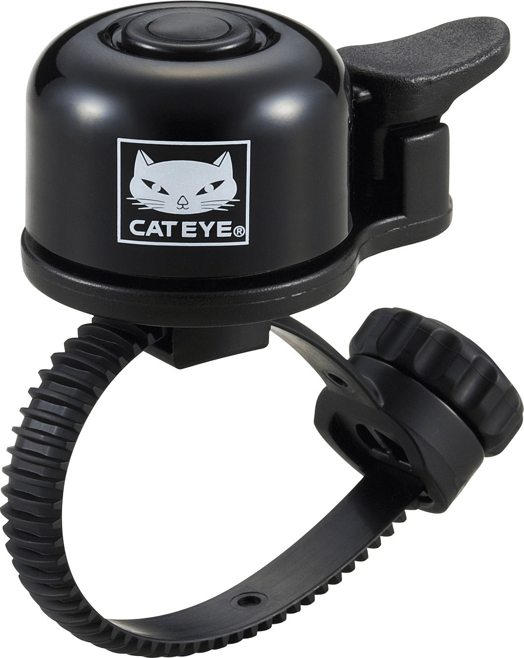 Black aluminum bicycle bell with a prominent Cat Eye logo, featuring a push button and adjustable strap for easy attachment to handlebars.