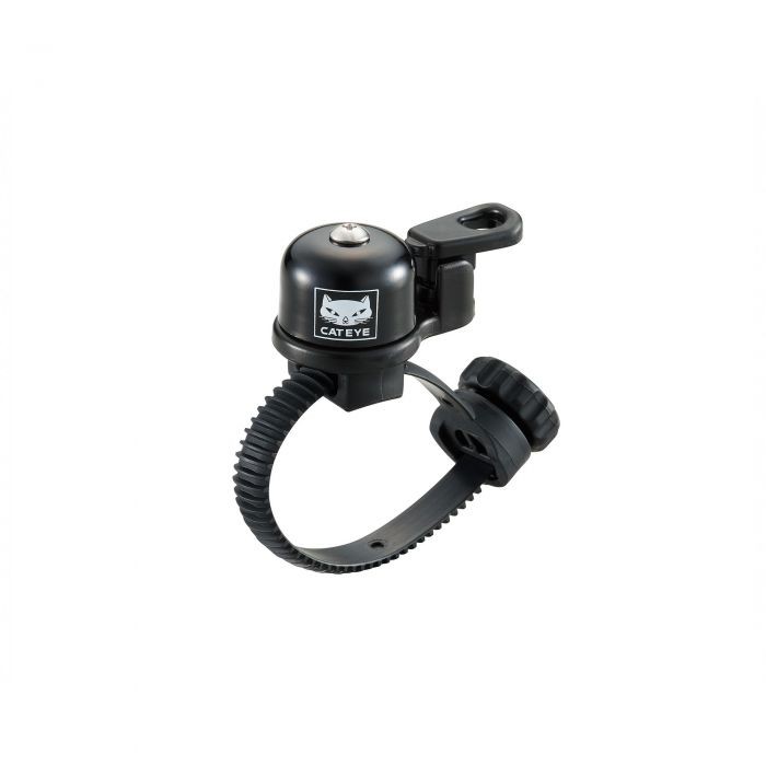 Black brass bell with a shiny dome, featuring a prominent button on top and a flexible rubber strap for easy attachment to handlebars.