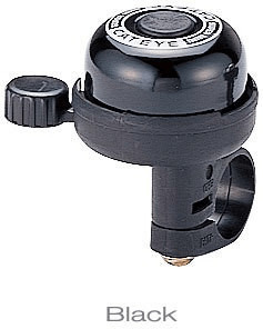 Black Cateye PB-600 Super Mini Bell with a glossy dome, a prominent push button on top, and an adjustable mounting bracket for easy attachment to handlebars.