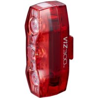 Red Cateye Viz 300 lumens USB rechargeable rear bike light with three LED bulbs and transparent casing.