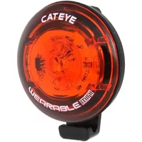 Cateye Wearable Mini Rear Light, round red LED with black clip and white logo text on lens.