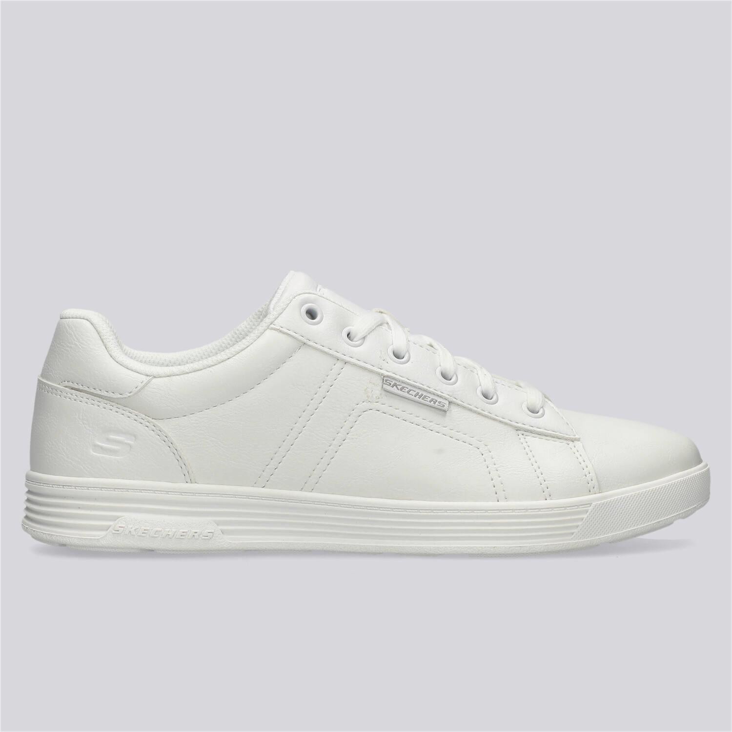 White leather Skechers Cavell Hensley trainers featuring a smooth finish, round toe, lace-up front, and a textured rubber sole.