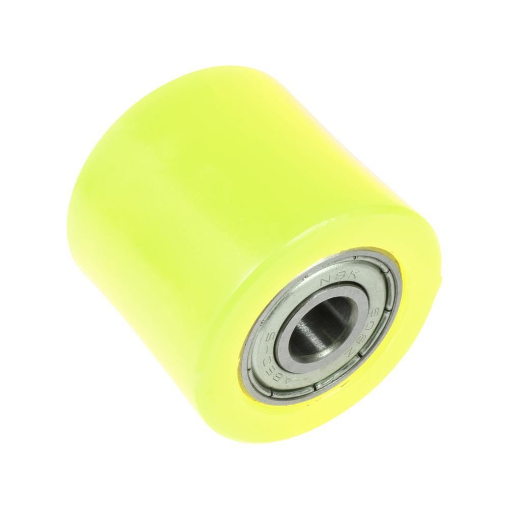 Bright yellow 32mm chain roller featuring a smooth, durable plastic exterior and a metal bearing at the center, designed for efficient chain movement in motorcycles.