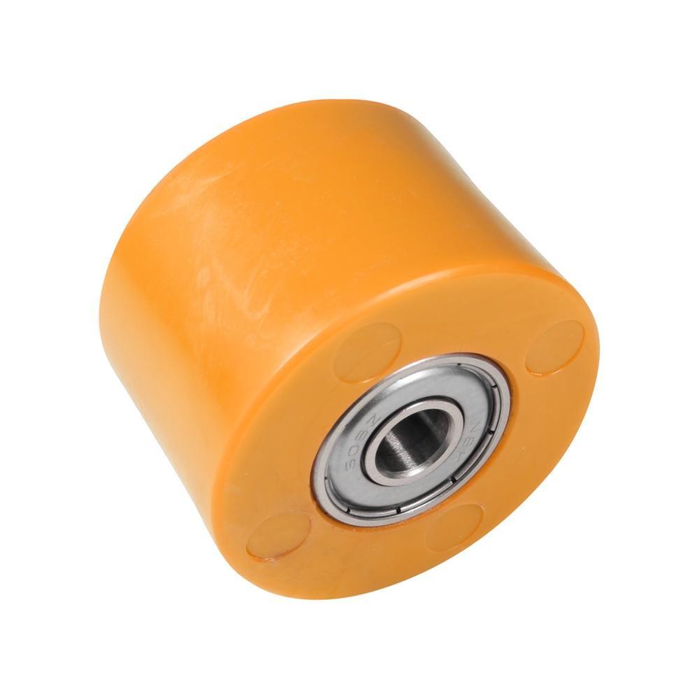 Bright orange 42mm chain roller made of durable plastic, featuring a central metal bearing for smooth operation and four circular mounting holes on the sides.