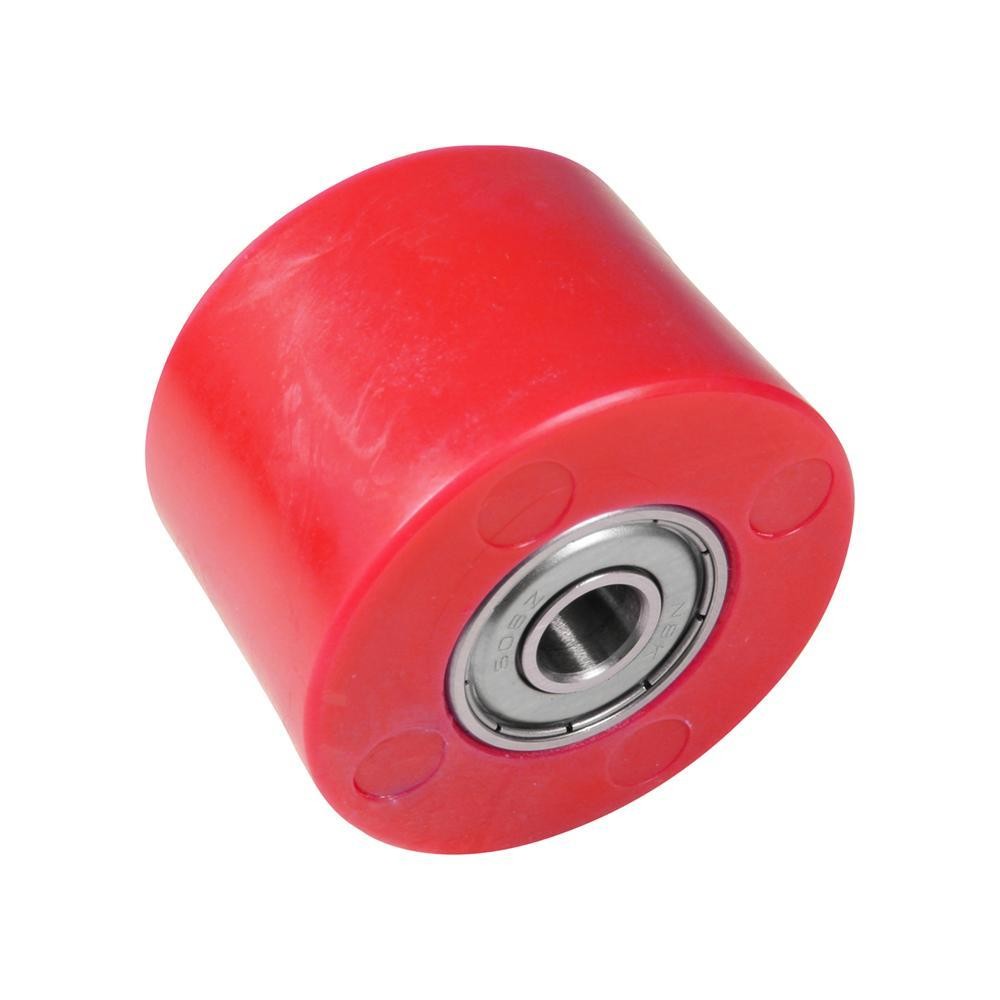 Red 42mm chain roller by Apico, made of durable plastic with a smooth surface, featuring a central metal bearing for easy rotation.