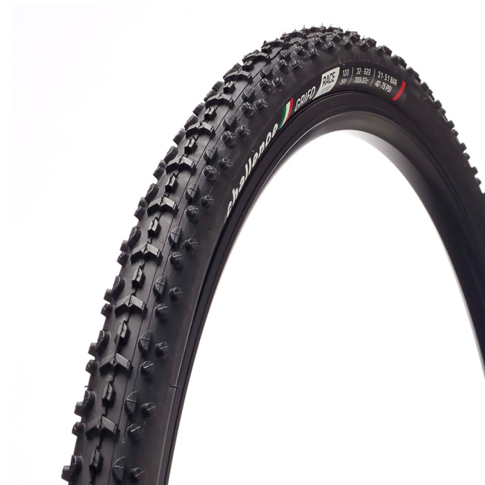 Black Challenge Grifo Vulcanized CX tyre, size 700 x 33, featuring a textured tread pattern for grip, with branding and specifications printed on the sidewall.