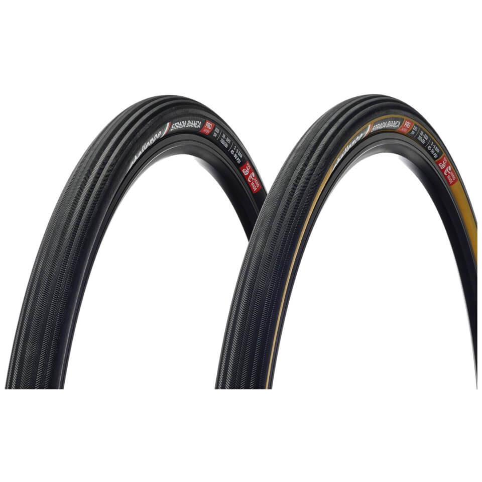 Black and tan handmade gravel tyres with a textured tread, labeled "Challenge Strada Bianca," sized 700 x 36, showcasing a durable rubber construction for off-road performance.