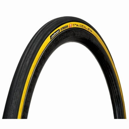 Challenge Strada Pro Handmade Clincher TLR Tyre in tan with a black tread, measuring 700 x 35, featuring a textured surface and a distinctive yellow stripe along the sidewall.