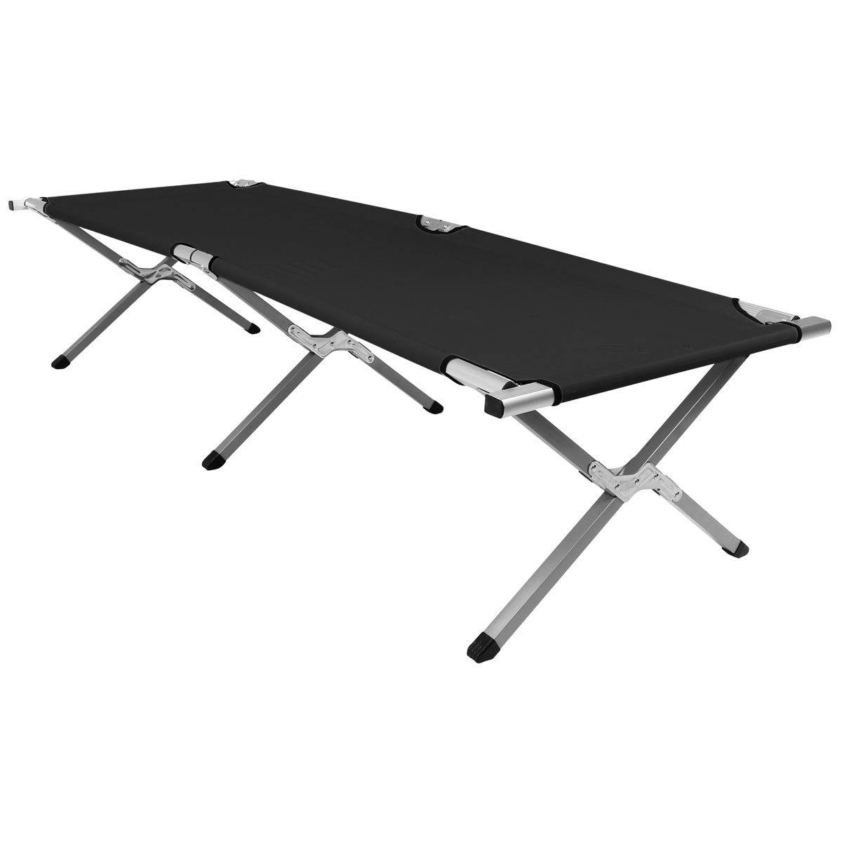 Heavy-duty black folding camp bed with a lightweight aluminum frame, featuring a sleek design and sturdy legs for stability.