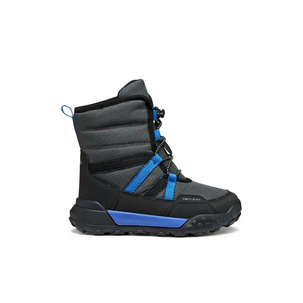 Children's winter boots in black and gray with blue accents, featuring a textured upper, adjustable laces, and a rugged sole for traction in snowy conditions.