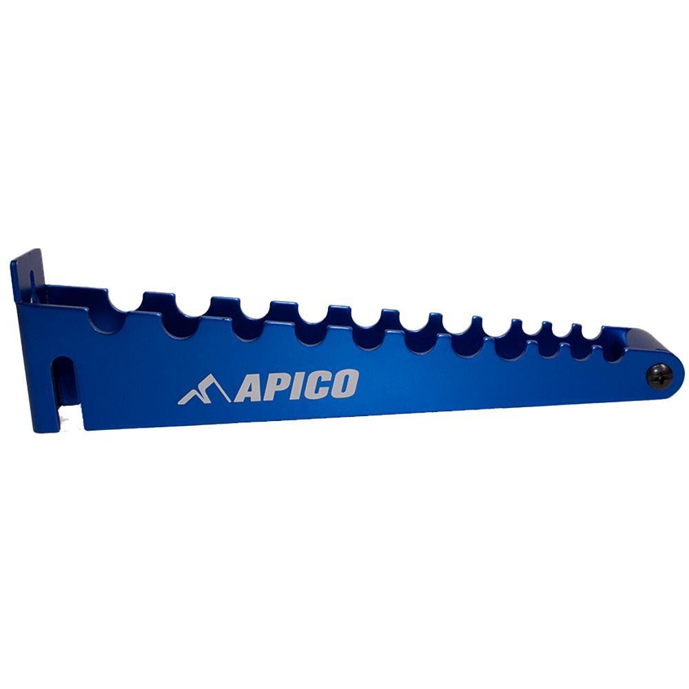 Blue alloy T-bar rack with 11 slots, featuring a sleek design and the Apico logo, ideal for organizing and displaying T-bars.