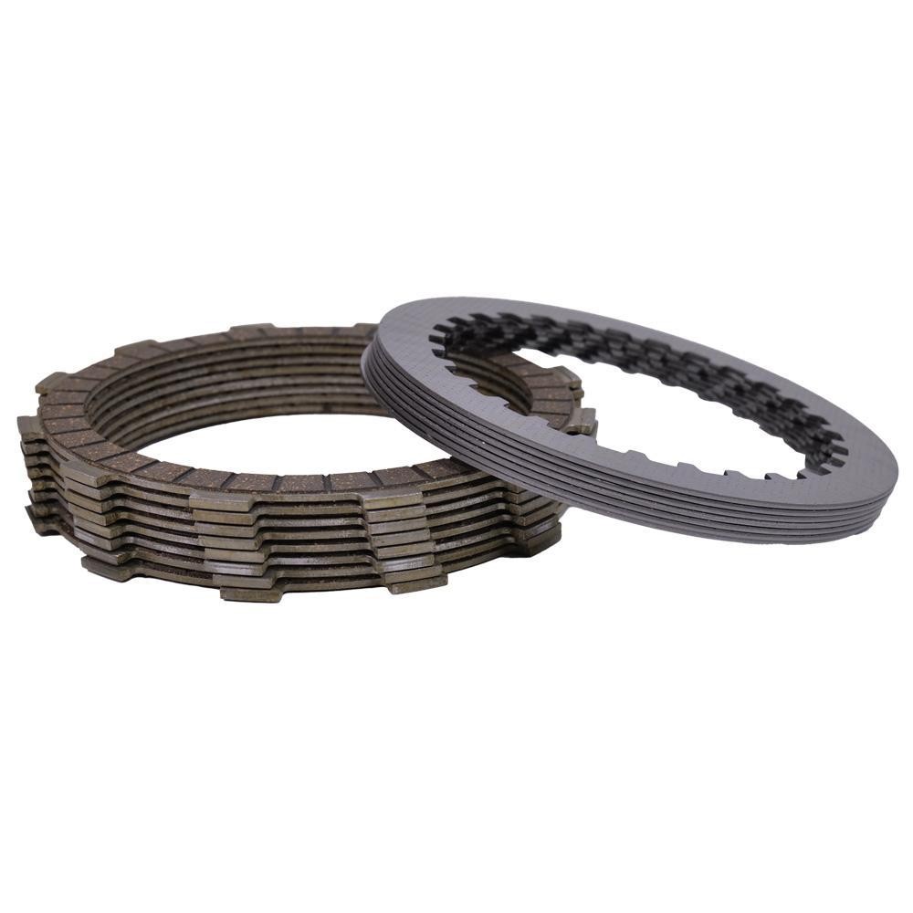 Apico Clutch Kit featuring multiple friction plates in dark brown and a steel backing plate, designed for Honda CRF450R/X and Husqvarna CR/WR models, excluding springs.