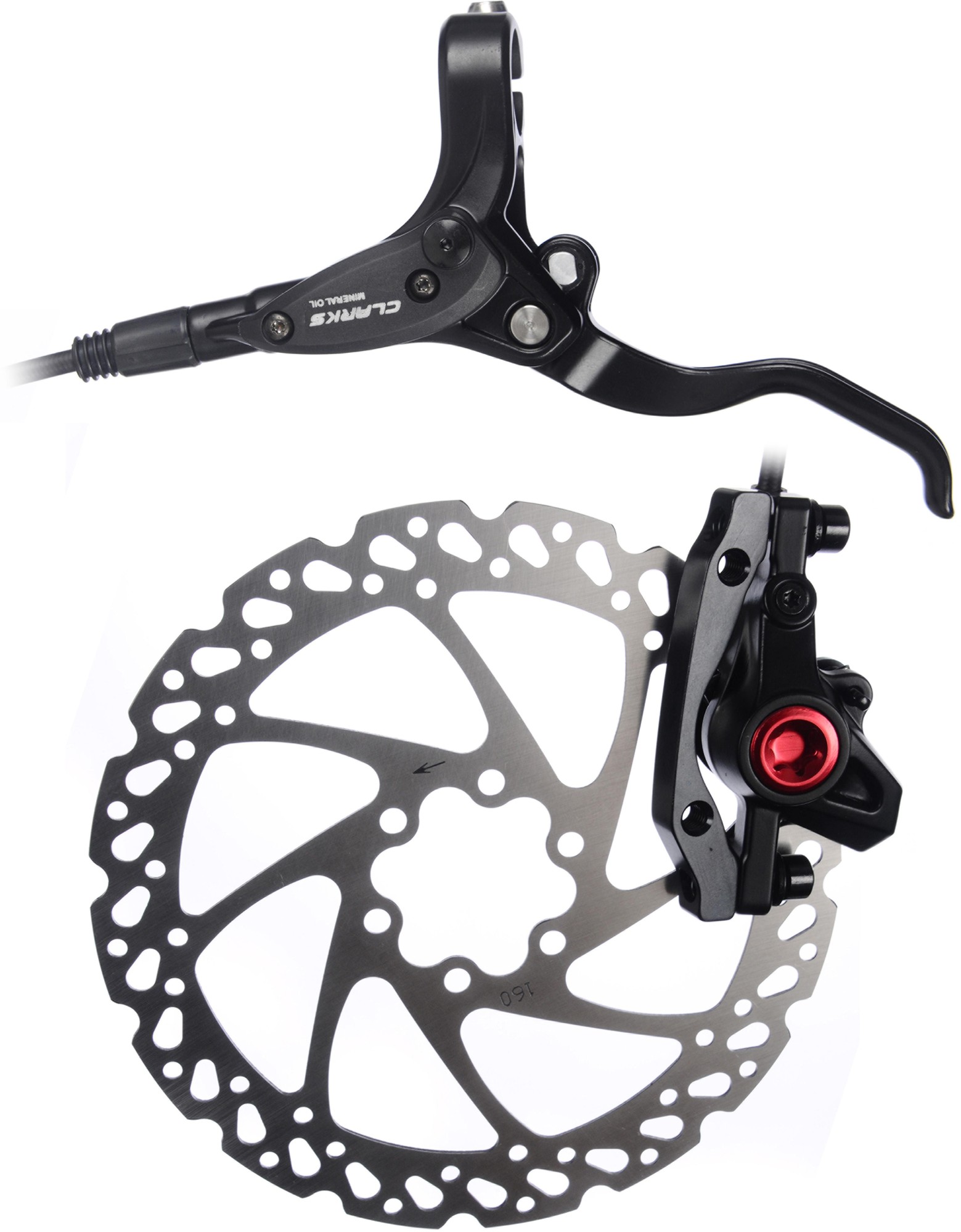 Clarks M2 hydraulic disc brake set featuring a black lever with a sleek design, a metallic rotor with a circular pattern, and a red accent on the caliper.