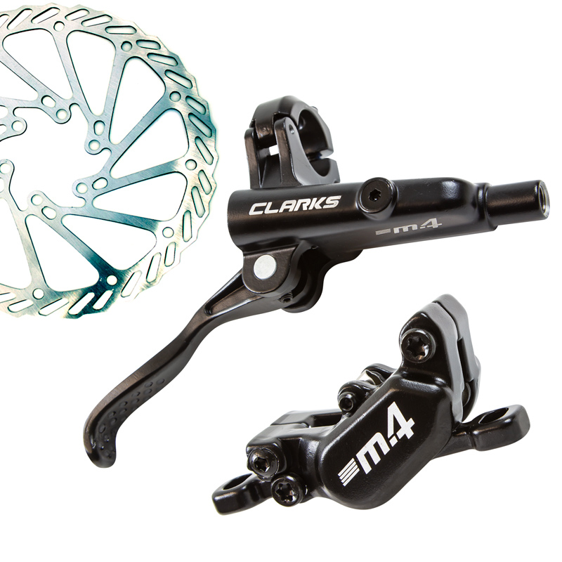 Clarks M4 hydraulic disc brake set featuring a black metal brake lever and caliper, with a green-tinted disc rotor showcasing intricate cutouts for improved performance.