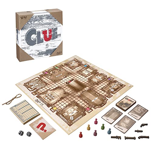 Rustic edition Cluedo board game featuring a beige game board, wooden tokens, colorful player pieces, cards, dice, and a vintage-style box with a distressed design.