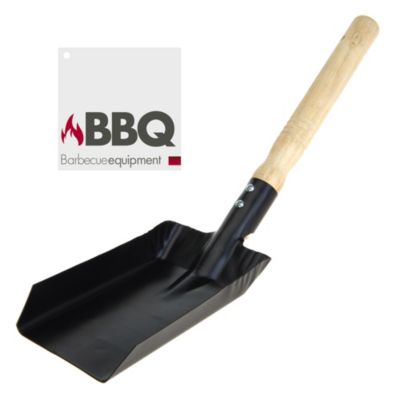 Black metal shovel with a wide, flat scoop and a wooden handle, designed for handling charcoal, featuring a BBQ logo in the background.