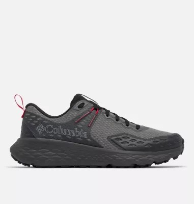 Men's Columbia Konos TRS running shoes in grey with a breathable mesh upper, black accents, red laces, and a textured sole for enhanced grip.
