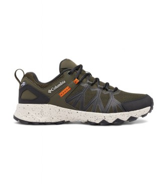 Men's Columbia Peakfreak II Outdry hiking boots in deep olive and desert sun, featuring a durable polyester upper, black accents, and a speckled white sole for traction.