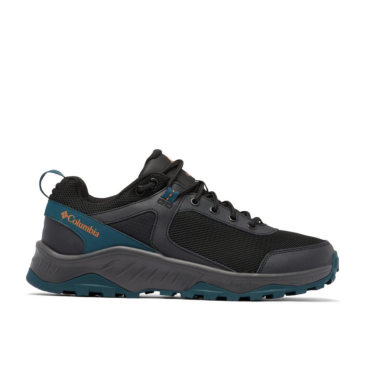 Men's Columbia Trailstorm Ascend hiking boots in black and night wave, featuring a breathable mesh upper, cushioned sole, and rugged traction for outdoor adventures.