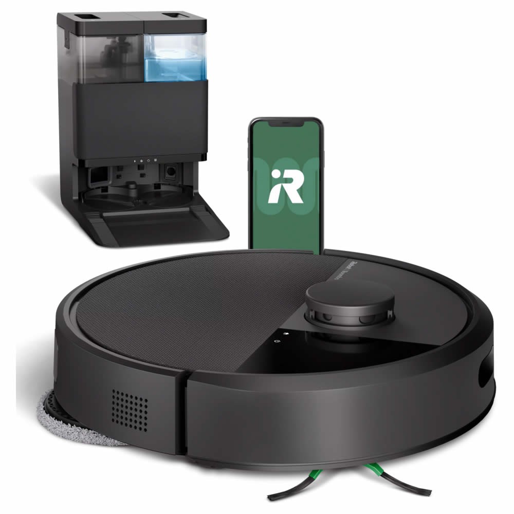 Black robotic vacuum cleaner with a circular design, featuring a central control knob, and a smartphone displaying the IRobot app alongside a detachable dustbin.