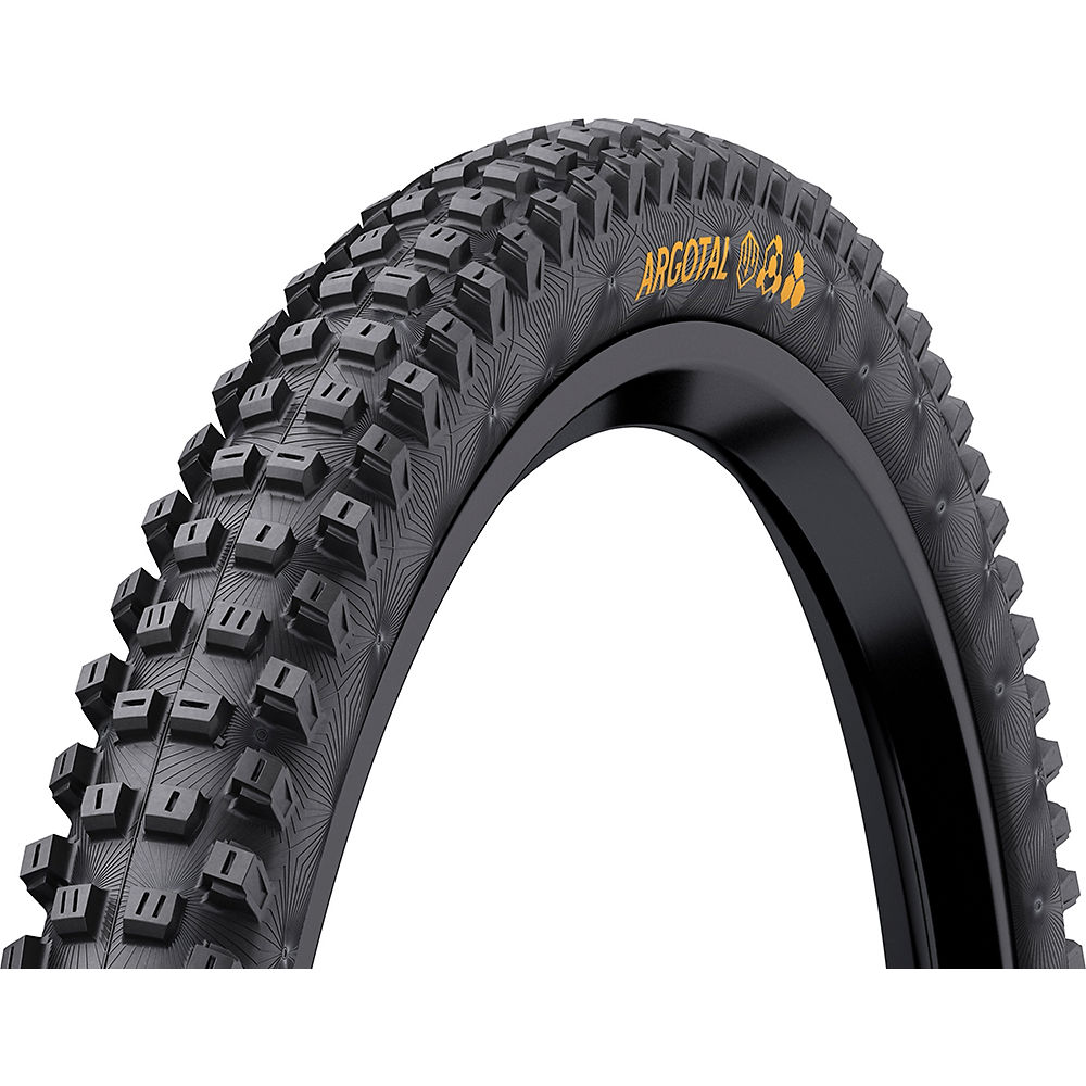 Continental Argotal tyre featuring a 27.5-inch size, soft rubber compound, folding bead, and a tread pattern designed for enduro riding, highlighted by an orange logo.