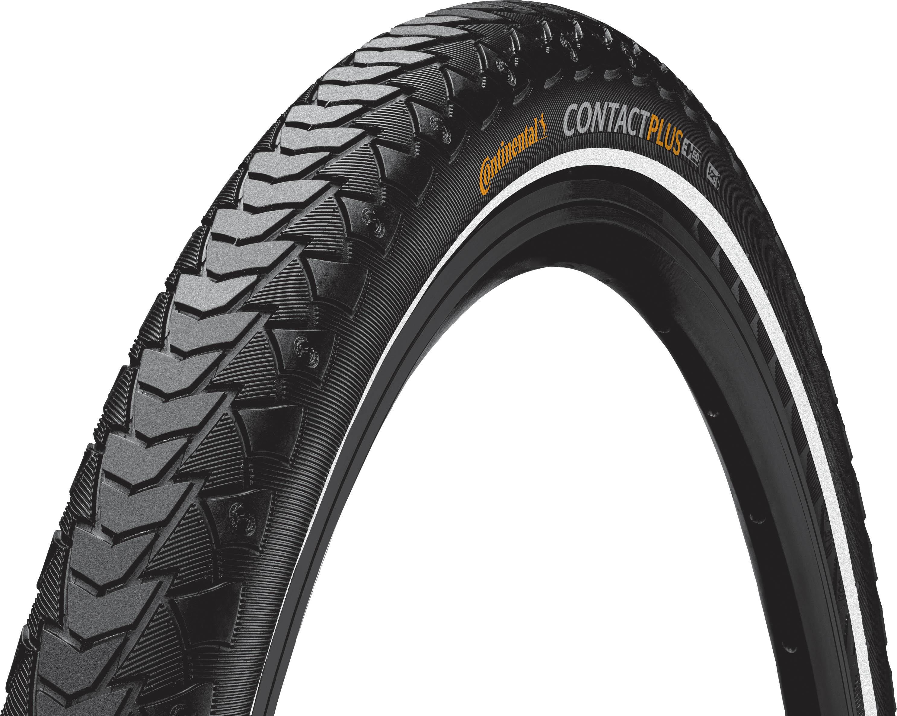 Black Continental Contact Plus bike tyre, 700x47c, with reflective strip and textured tread pattern.