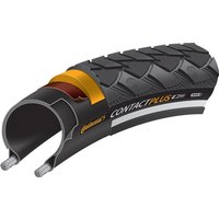 Black Continental Contact Plus 26x1.75 bike tire with reflective strip and textured tread pattern.